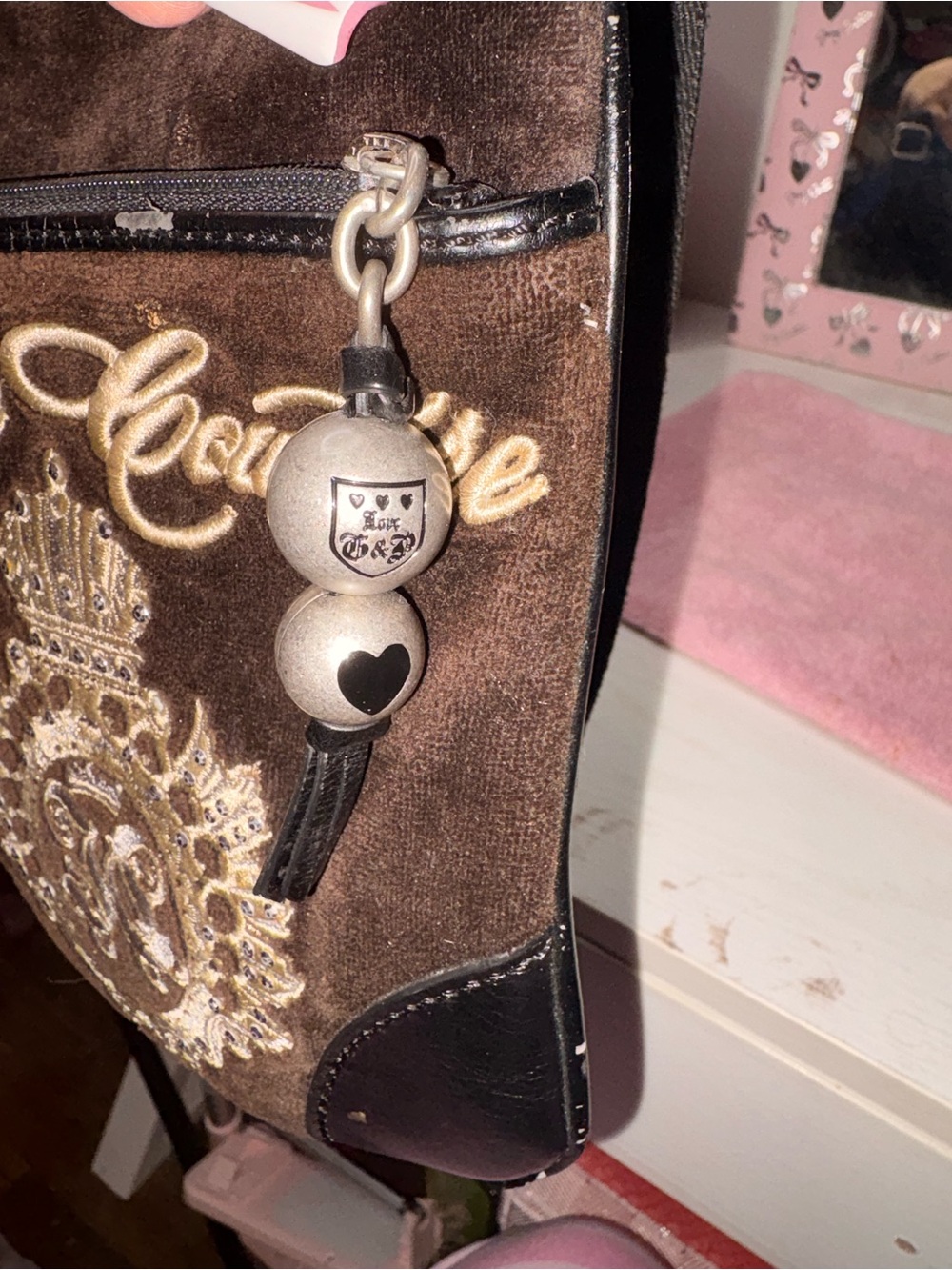 Juicy Couture Dark Brown Velvet Crossbody with Embroidered Crest - Picture 5 of 7
